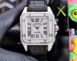 Replica Cartier Santos Automatic Watch Stainless Steel Case Black Leather Strap Diamonds Bezel 40mm